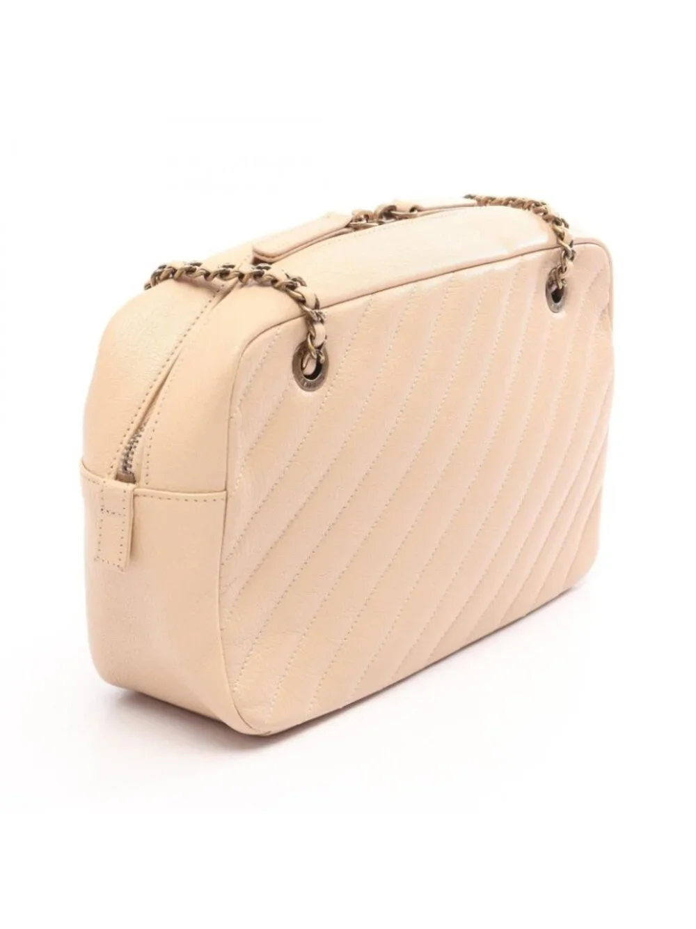 Chanel Shoulder Bag Bias Stitch Antique Gold Beige Leather Chain